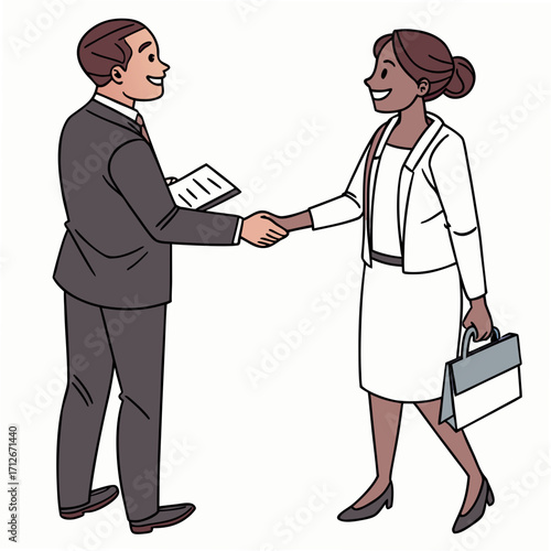 A businessman and businesswoman shake hands to seal a deal, symbolizing partnership and agreement, the illustration is simple and clean