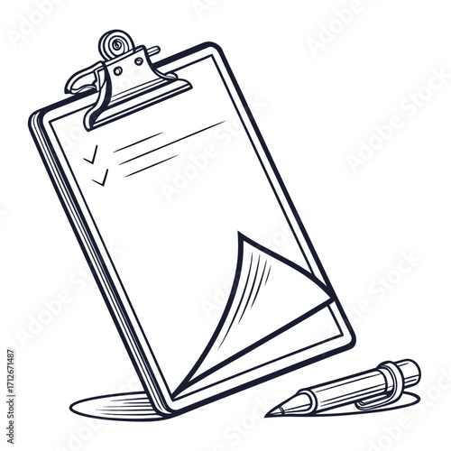 A clipboard with a blank sheet of paper and a pen, perfect for notes, todo lists, or creative writing, the illustration is simple and clean
