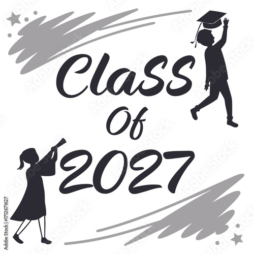 Celebrate the graduating class of 2027 with this dynamic black and white illustration featuring students tossing caps and celebrating their academic achievements