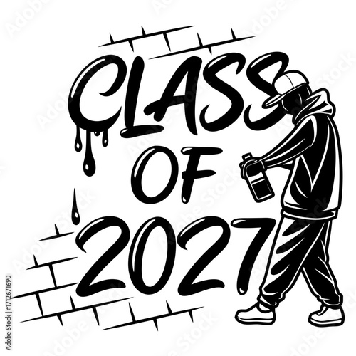 Class of 2027 graffiti artist spraying paint on a brick wall vector illustration of a student graduating in 2027 with a street art theme