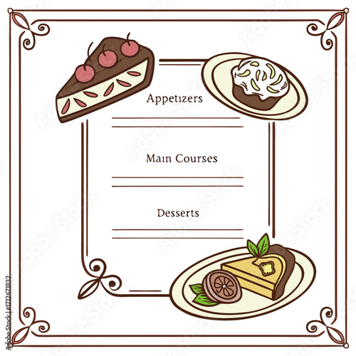 Elegant menu template featuring appetizers, main courses, and desserts, adorned with delectable cake and pastry illustrations for a delightful dining experience