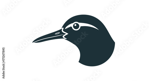 Minimalist dark silhouette of a bird head with a sharp beak.