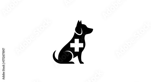 Veterinary clinic logo design featuring a black dog silhouette with a white medical cross on its chest.