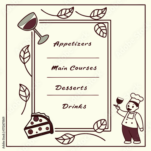 Whimsical menu template featuring appetizers, main courses, desserts, and drinks, adorned with wine and chef illustrations for a delightful gastronomic experience