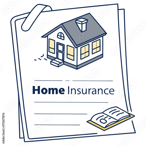 Home insurance concept featuring a house illustration on a document, symbolizing protection and security for homeowners, ideal for financial and real estate themes