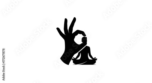 Minimalist black silhouette of a person meditating inside an OK hand gesture.