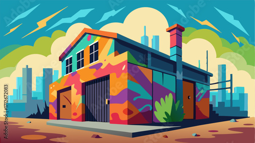 A rundown industrial building brought to life by an explosion of colorful graffiti a nod to the citys grit and determination.