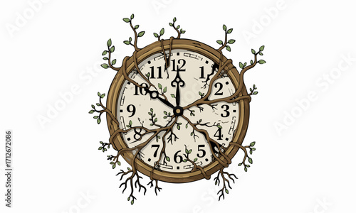 Time Roots
Flat vector of an old round clock stopped, with roots and small plants growing around and through it, symbolic, white background.generative ai