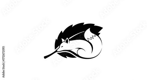 Artistic monochrome fox creature integrated with a stylized leaf design.