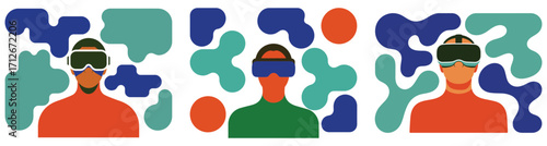 Three people wearing V R headsets amidst abstract colorful shapes virtual reality VR headset