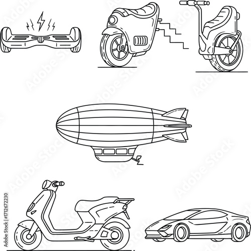 Hoverboard, Electric Motorcycle, Scooter, Blimp, Moped, and Futuristic Car | Modern Transportation, Future Mobility, Innovation, Eco-Friendly Vehicles | Black and White Line Art Vector.