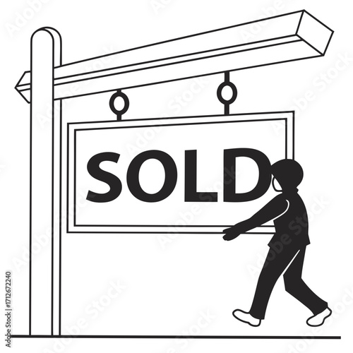 Illustration of a person holding a sold sign, symbolizing real estate transactions, property sales, and the achievement of homeownership