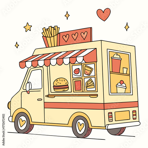 Illustration of a cute yellow food truck selling burgers, fries, and other treats, decorated with hearts and stars, perfect for a quick and tasty meal