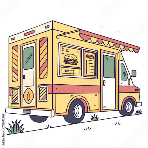 Illustration of a charming food truck, , offering delicious burgers and tasty treats, perfect for street food lovers and culinary adventures