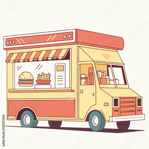 Illustration of a vibrant food truck, , offering delicious burgers and fries, perfect for a quick and tasty meal on the go