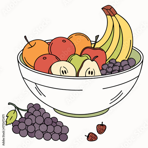 A bowl of fresh fruits, including bananas, apples, oranges, grapes, and strawberries, creating a healthy and colorful still life composition