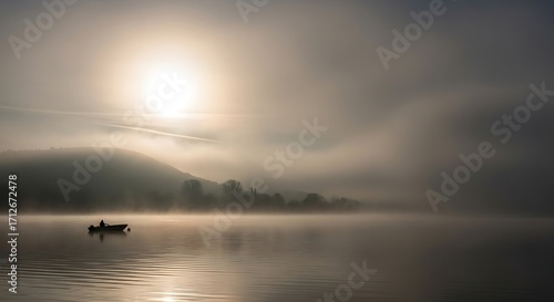 Solitary Boat on Misty Lake at Sunrise.