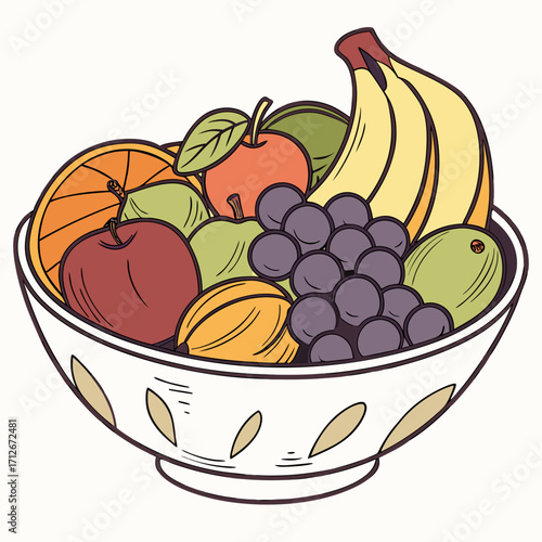 A vibrant bowl of mixed fruits, showcasing apples, bananas, oranges, grapes, and other fruits in a colorful and healthy arrangement