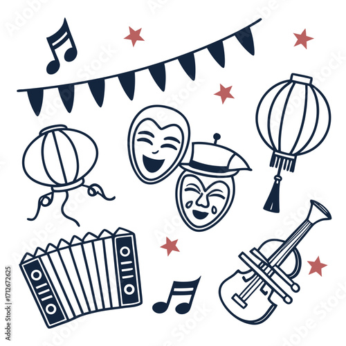 Festive cultural elements lanterns, masks, accordion, violin, bunting, and musical notes evoke a vibrant celebration of traditions
