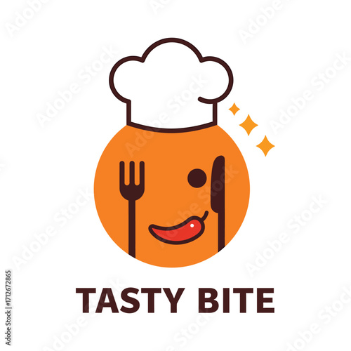 Chef hat smiley face orange food icon with cutlery and tasty bite text