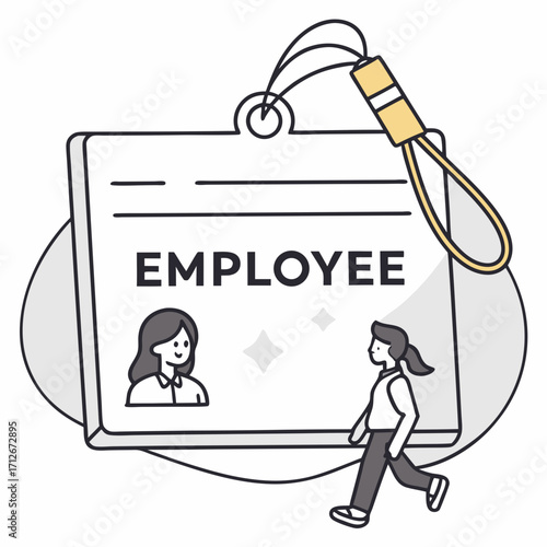 Illustration of an employee id card with a lanyard, featuring a womans photo and the word employee, with a woman walking by