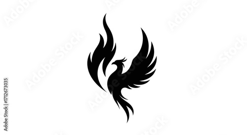 Stylized black phoenix bird rising with fiery wings and tail feathers.