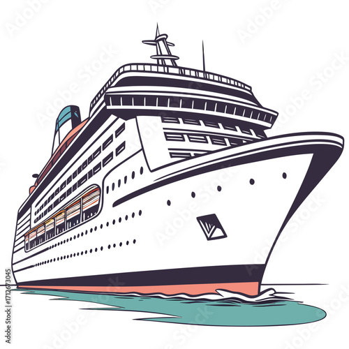 A majestic cruise ship glides across the water, its white hull gleaming in the sunlight, promising adventure and relaxation on the open sea