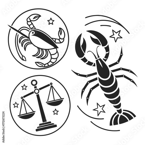 Zodiac signs vector illustration astrological symbols of cancer, scorpio, and libra in minimalist style horoscope signs for tattoo or logo design
