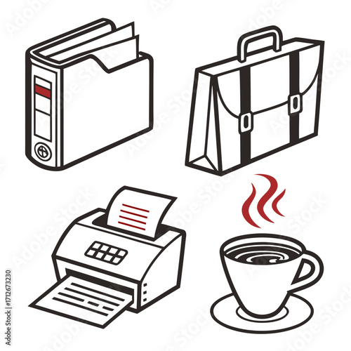 Isometric office icons set featuring a file cabinet, briefcase, a printer, and a cup of coffee, symbolizing office work and document management