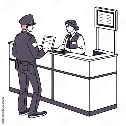 A police officer is checking a document at a security checkpoint, with a female officer sitting behind the desk, the scene is depicted in a clean, minimalist style