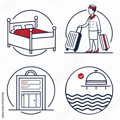 Hotel services icons room, luggage cart, bellhop, and swimming pool, representing accommodation, assistance, and amenities for guests
