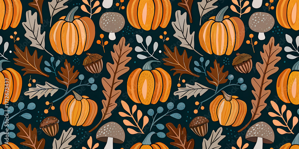Long seamless autumn pattern with pumpkins, mushrooms, plants and leaves