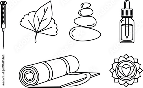 Wellness and Spa Icons | Acupuncture Needle, Herbal Leaf, Stacked Stones, Essential Oil Dropper, Yoga Mat and Chakra Symbol | Line Art Vector for Relaxation and Healing.