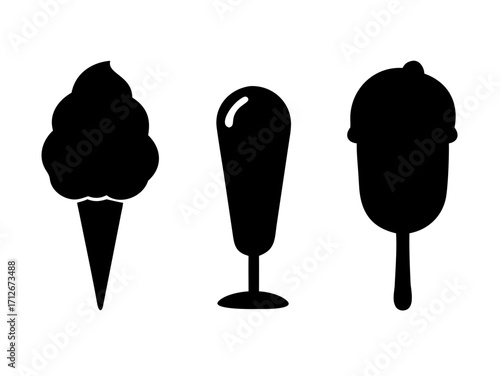 Ice cream black silhouette icons set on white. Balls in waffle cone, soft serve sundae in glass, popsicle on stick. Vector elements for minimal summer design, sweet snack illustration or logo 
