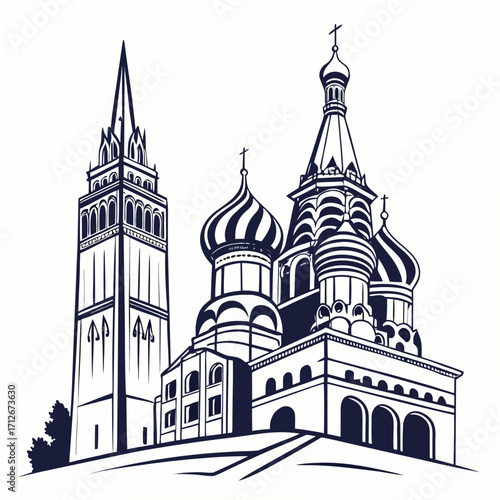 Detailed line art illustration of saint basils cathedral in moscow, russia, showcasing architectural detail and historical significance