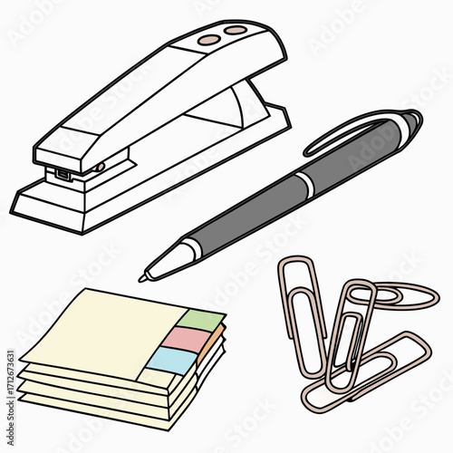 Office supplies including a stapler, pen, paper clips, and sticky notes, perfect for illustrating office work, school supplies, or stationery items