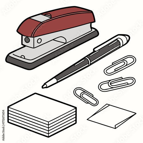 Office supplies including a stapler, pen, paper clips, and sticky notes, perfect for illustrating office work, school supplies, or stationery items