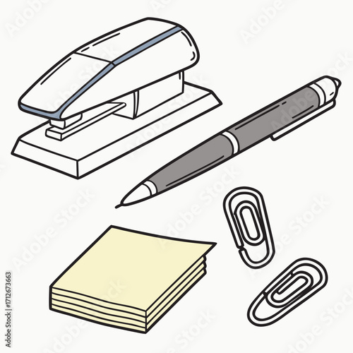 Office supplies including a stapler, pen, paper clips, and sticky notes, perfect for illustrating office work, school supplies, or stationery items