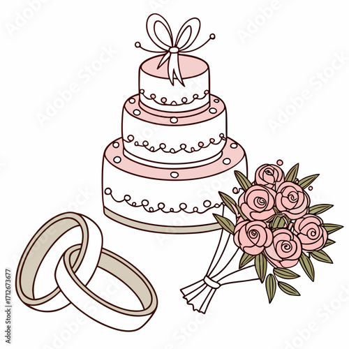 A charming line art illustration of a wedding cake, bouquet, and rings, capturing the essence of a romantic celebration and matrimonial bliss