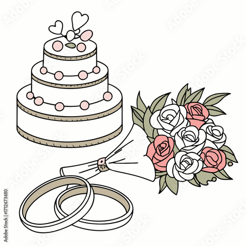 A delightful line art illustration of a wedding cake, bouquet, and rings, symbolizing love, commitment, and the joy of a matrimonial celebration