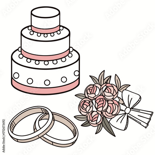 Wedding bliss a delightful illustration showcasing a tiered cake, a beautiful bouquet, and a pair of wedding rings, , symbolizing love and commitment