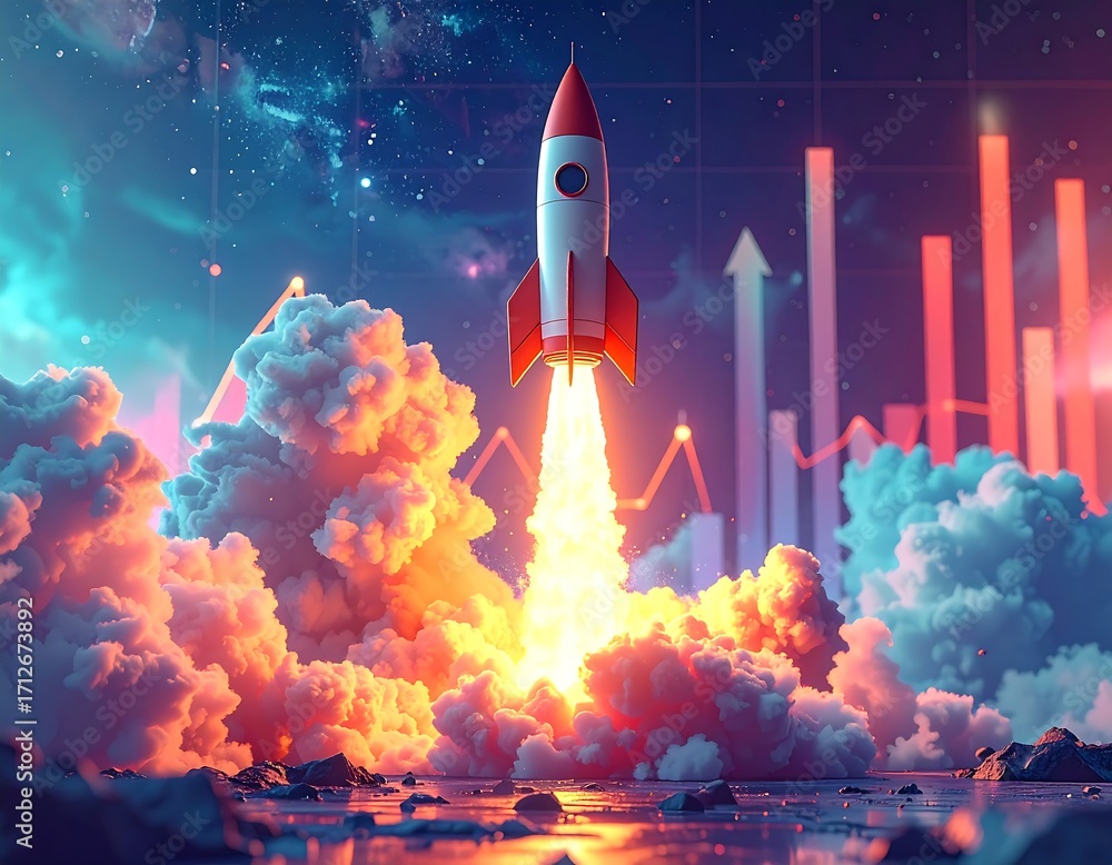 Fototapeta premium Rocket launch into starry night sky, surrounded by clouds and rising stock graphs