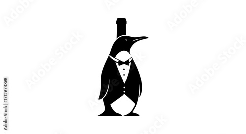 Creative logo of a penguin in a tuxedo with a wine bottle head.