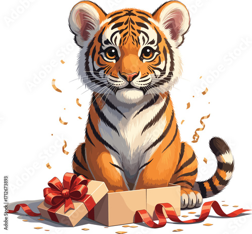 Festive Tiger Cub with Tiny Gift Box