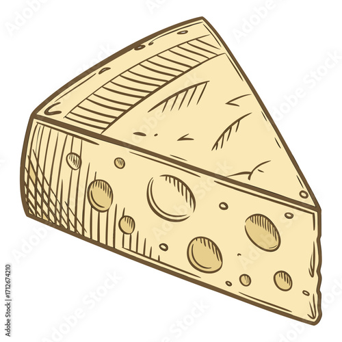 A slice of swiss cheese with holes, , drawn in a sketch style, ideal for illustrating dairy products, food, or a snack in a rustic way