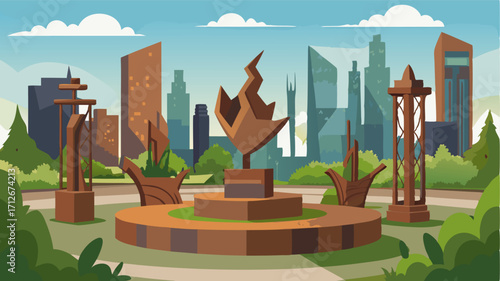 A sculpture garden inspired by urban decay with sculptures constructed from reclaimed materials like rusted metal and cracked concrete.