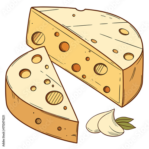 Two pieces of swiss cheese with garlic, , in a sketch style, perfect for illustrating dairy products, food, or a gourmet snack