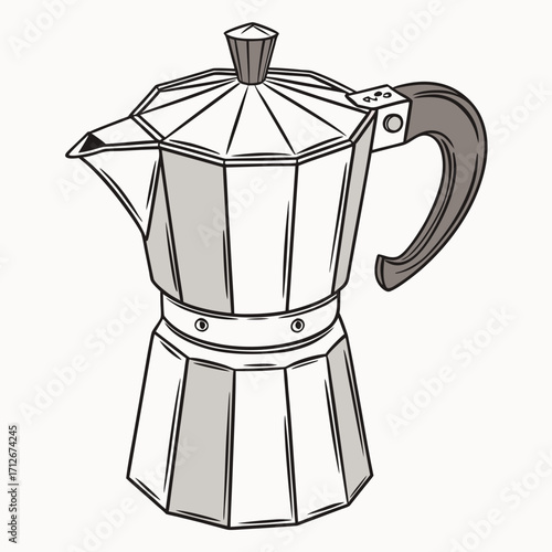 Illustration of a moka pot, a stovetop espresso maker, the moka pot is a popular coffee brewing method, known for its rich and strong coffee