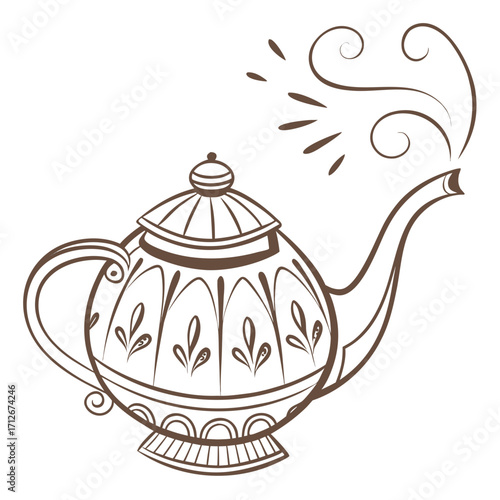 Illustration of a teapot with steam coming out of the spout, the teapot is a vessel used for brewing and serving tea, a popular beverage