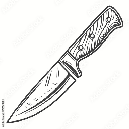 Detailed illustration of a hunting knife with a wooden handle and sharp blade, a versatile tool for outdoor adventures and survival situations